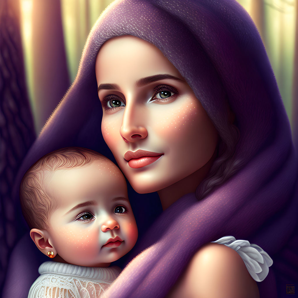 Digital illustration of woman holding infant with purple headscarf in serene setting