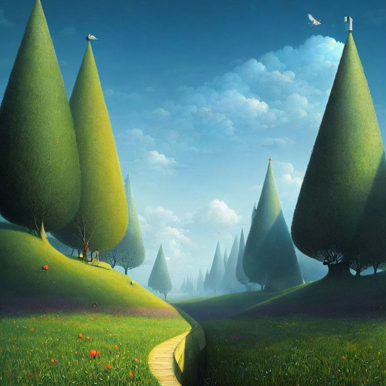 Vibrant green cone-shaped trees with yellow brick path in whimsical landscape