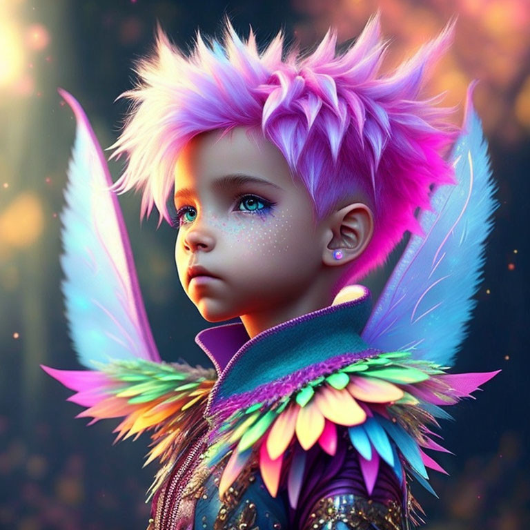 Child with Pink Hair and Multicolored Wings in Digital Art