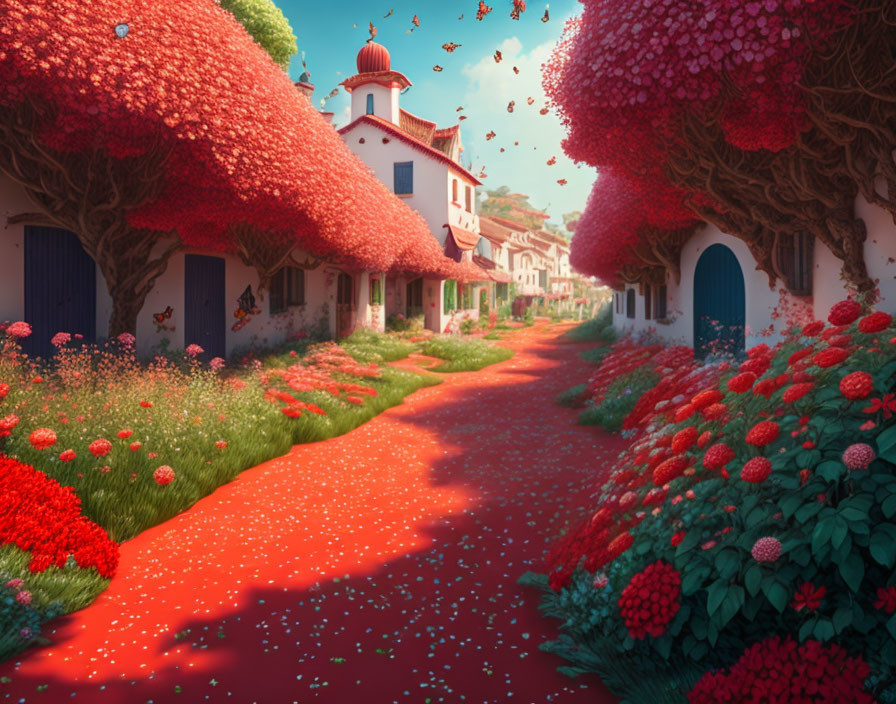 Scenic lane with red-roofed houses, vibrant trees, and petals under sunny sky