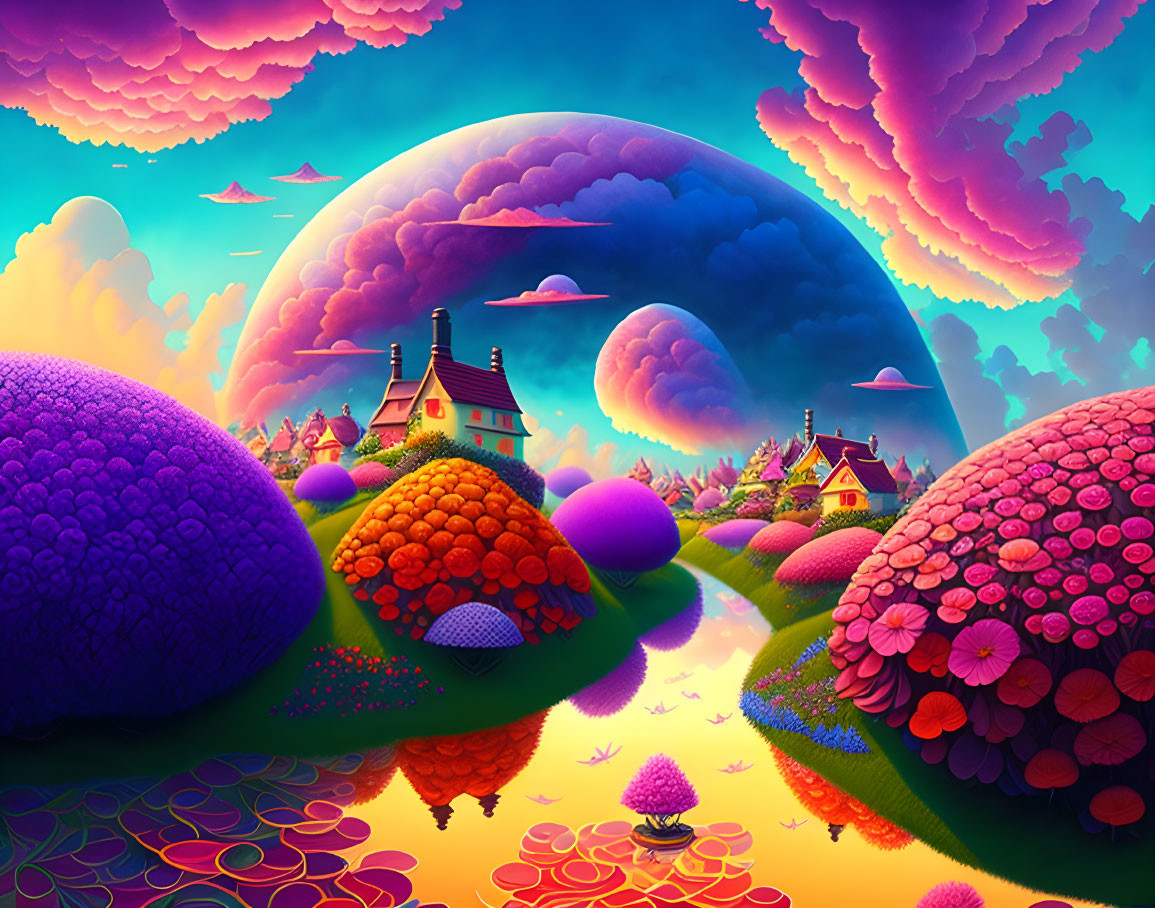 Colorful Fantasy Landscape with Fluffy Clouds, Round Hills, Flowers, Houses, and Reflective