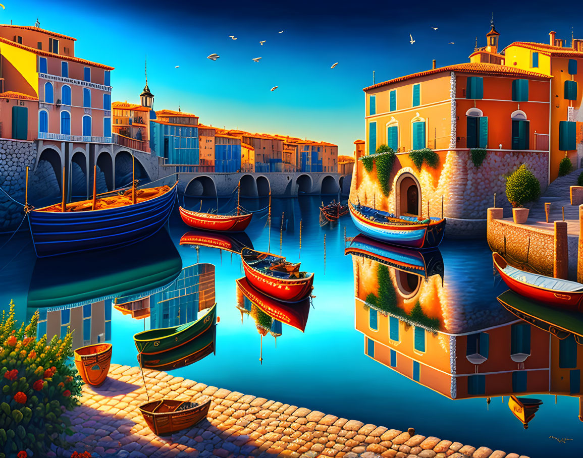 Colorful Coastal Scene with Buildings, Boats, and Stone Bridge