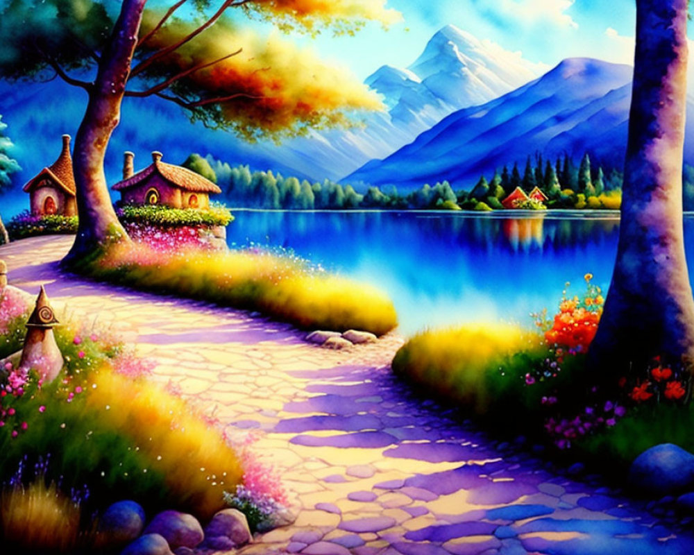 Scenic landscape with lake, cobblestone path, cottages, trees, flowers, mountains
