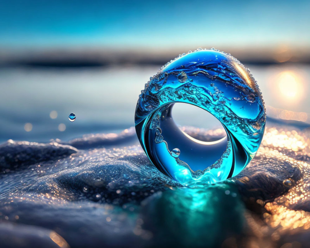 Shimmering water droplet ring with intricate waves on blurred aquatic background