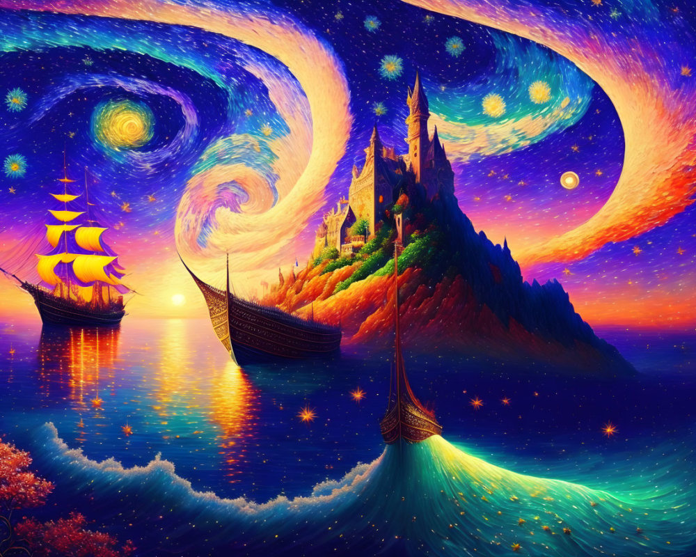 Fantasy landscape with starry sky, island castle, ships, and sunset glow
