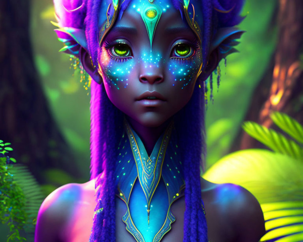Fantasy digital artwork: Purple-skinned female with blue markings in lush forest