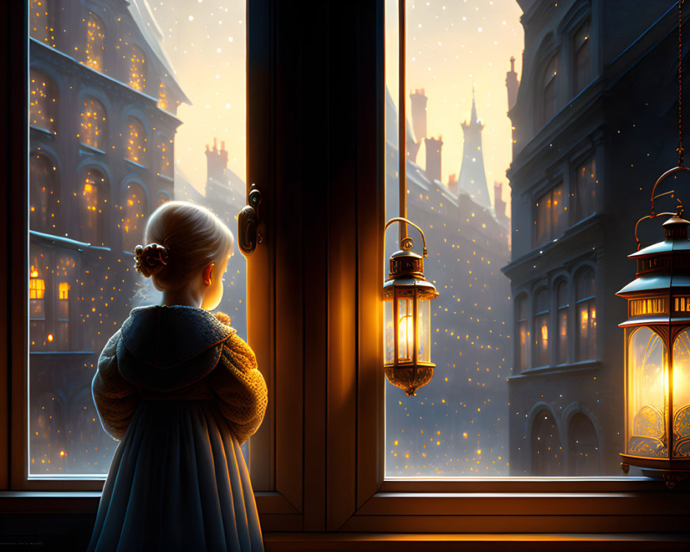 Young girl in blue dress with lantern gazes at snowy cityscape