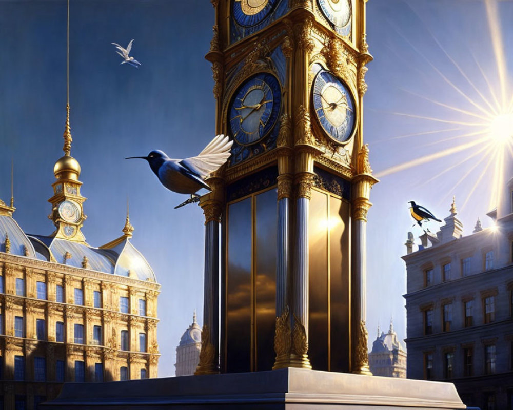 Golden clock tower with birds near classic architecture and sun