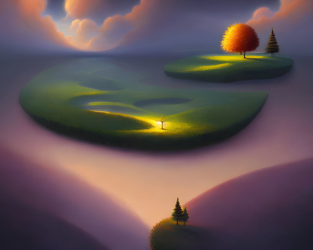 Surreal landscape with floating islands and lone figure under dramatic sky