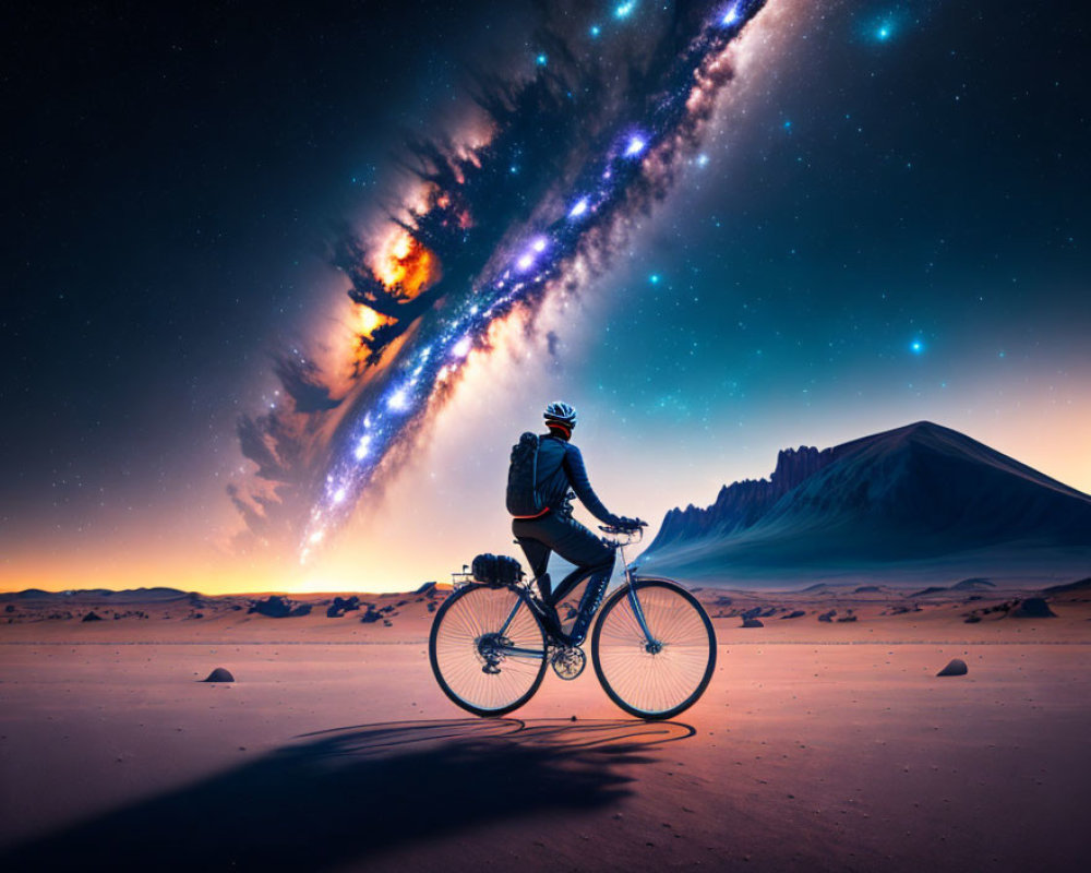 Cyclist with bike in desert under vibrant galaxy