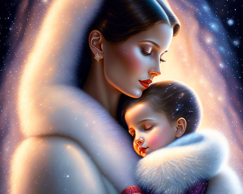 Mother embracing sleeping child in white fur under starry night.