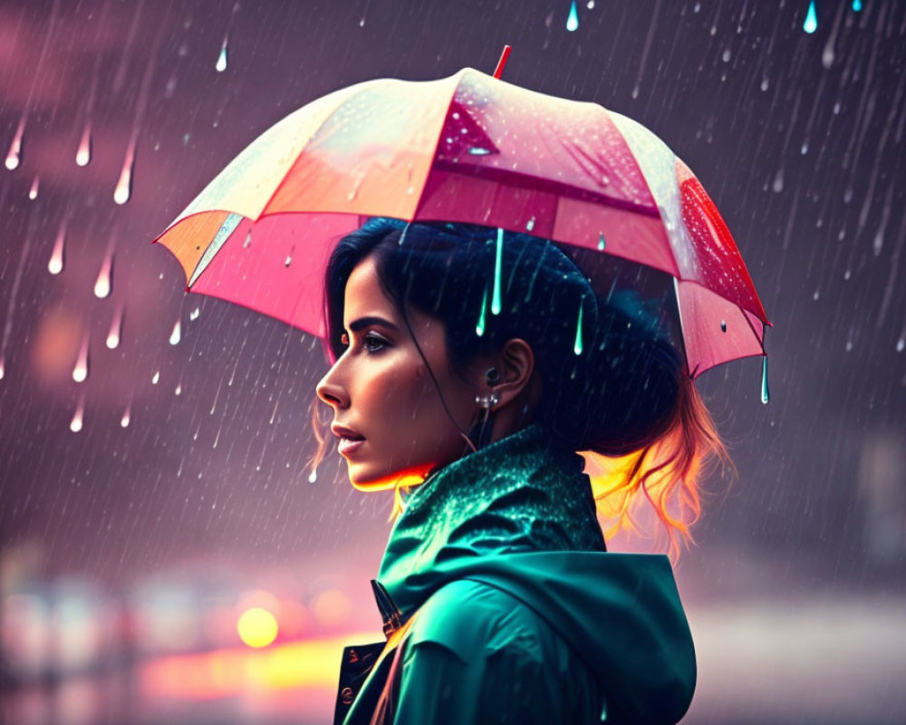 Woman with Colorful Umbrella in Rainy Evening Cityscape