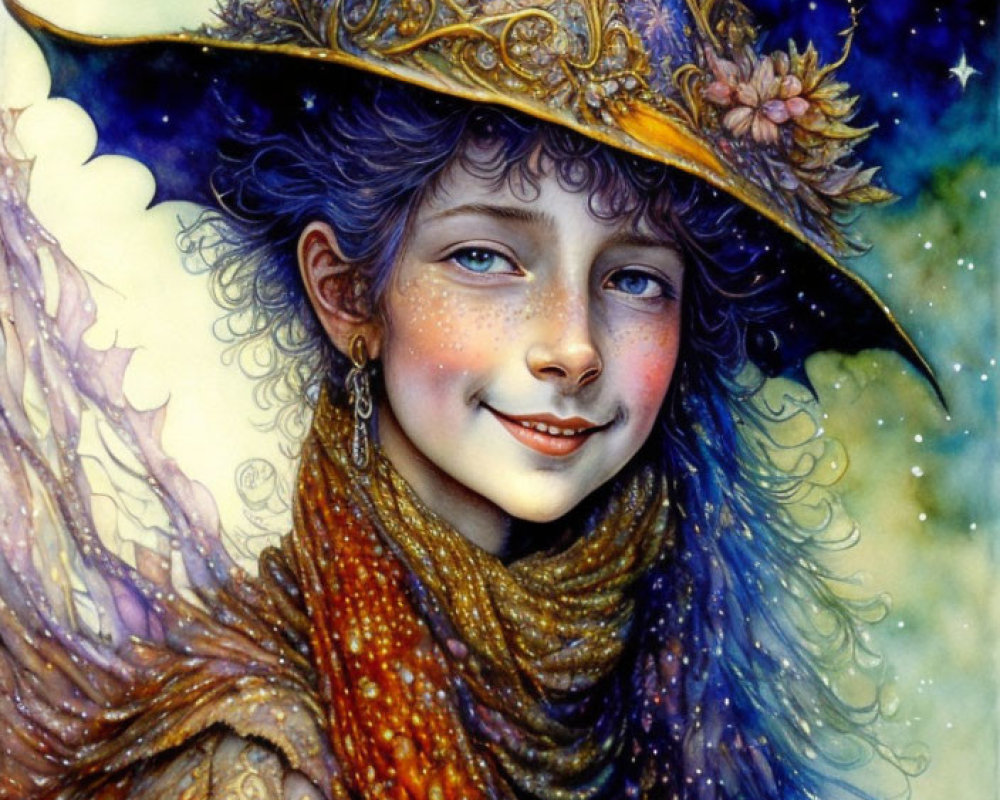 Celestial-themed person illustration with starry hat and vibrant scarf