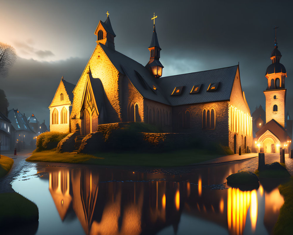 Medieval church illuminated at dusk with glowing windows reflected in water