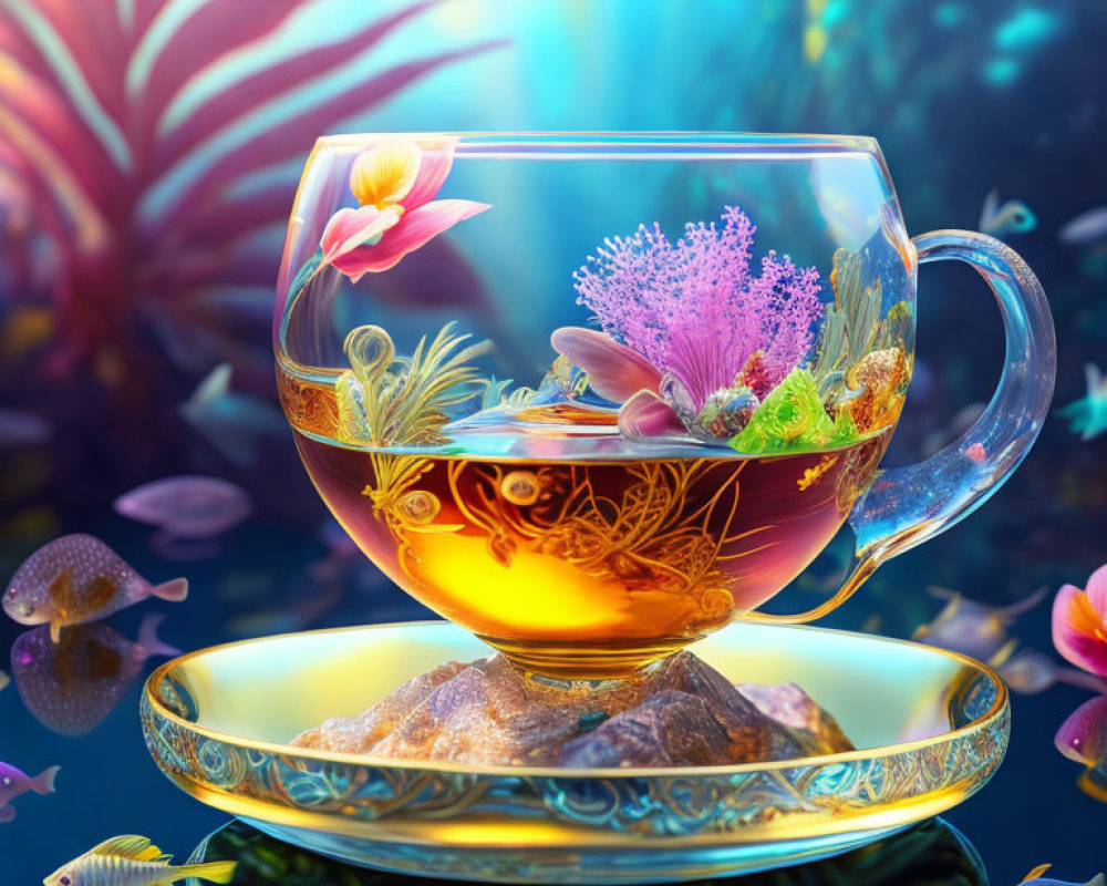 Colorful Underwater Scene in Transparent Teacup with Coral and Fish