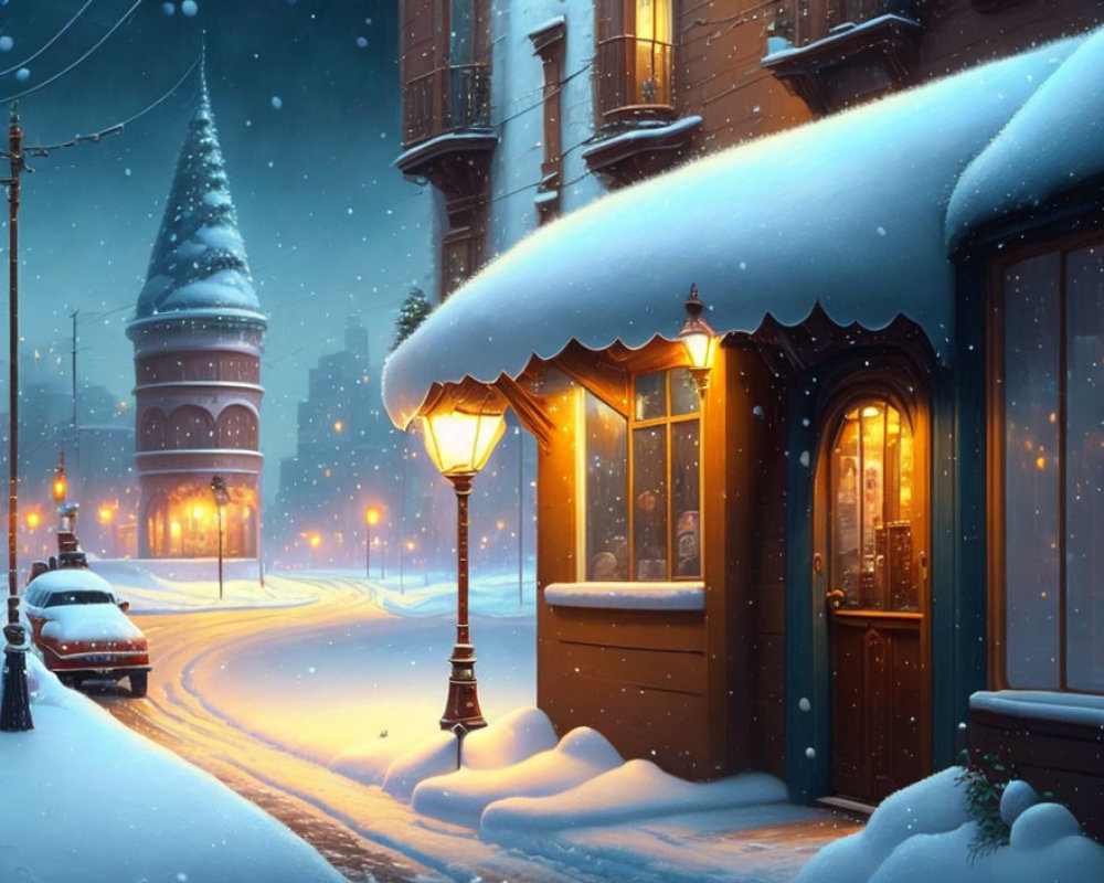 Snowy Evening Scene: Cozy Town with Streetlamp, Snow-Covered Cars, and Christmas