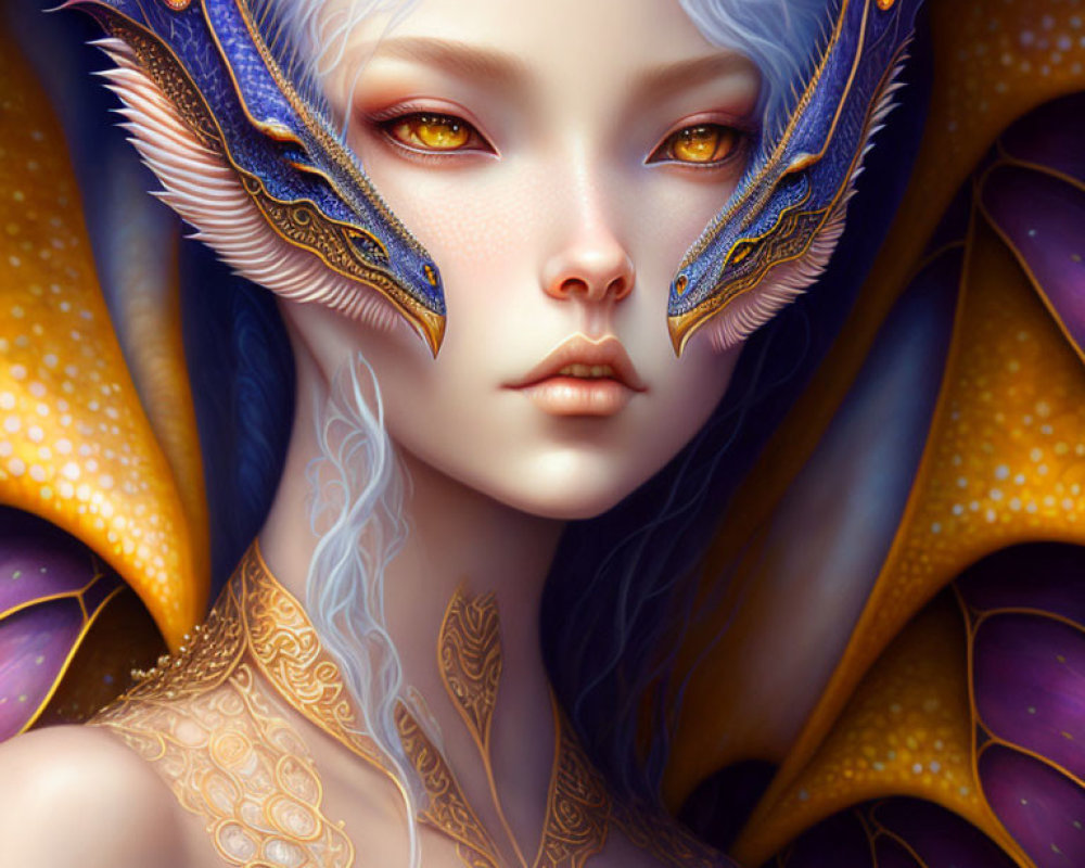 Fantasy portrait of female figure with dragon features and golden eyes surrounded by violet petals and ornate jewelry