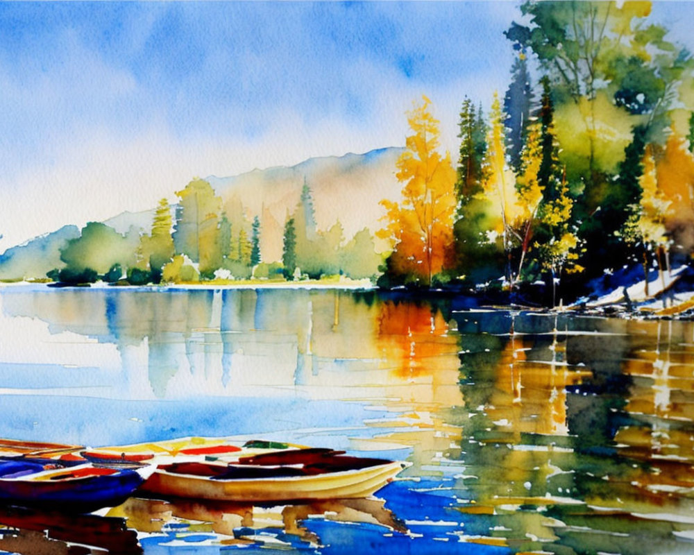 Serene lakeside watercolor landscape with canoe and autumn foliage.