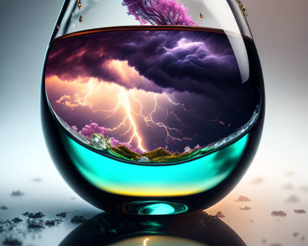 Surreal image of vibrant storm in glass vial with trees and lightning
