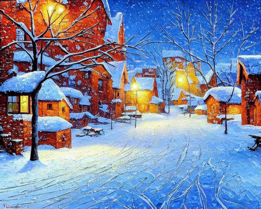 Snowy Evening Scene: Quaint Village with Glowing Lamps