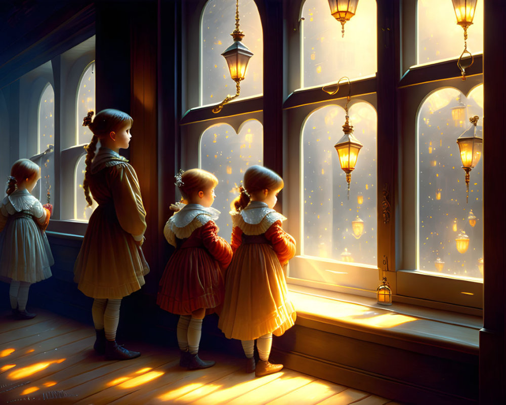 Four children admiring lanterns by grand window with magical glow