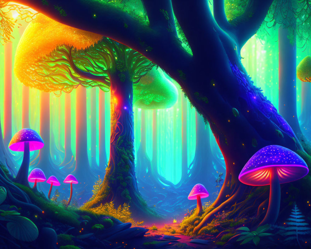 Enchanted forest with glowing mushrooms and neon-lit trees