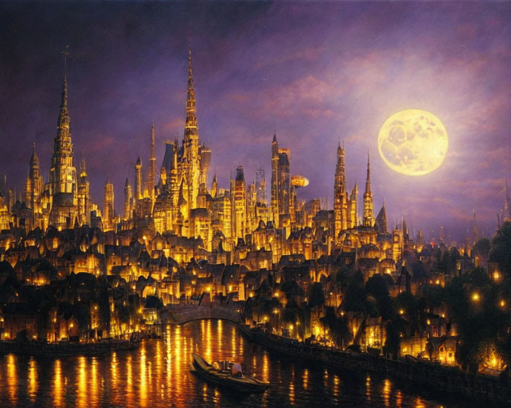 Fantastical illuminated cityscape under full moon with spires, towers, river, and boat.