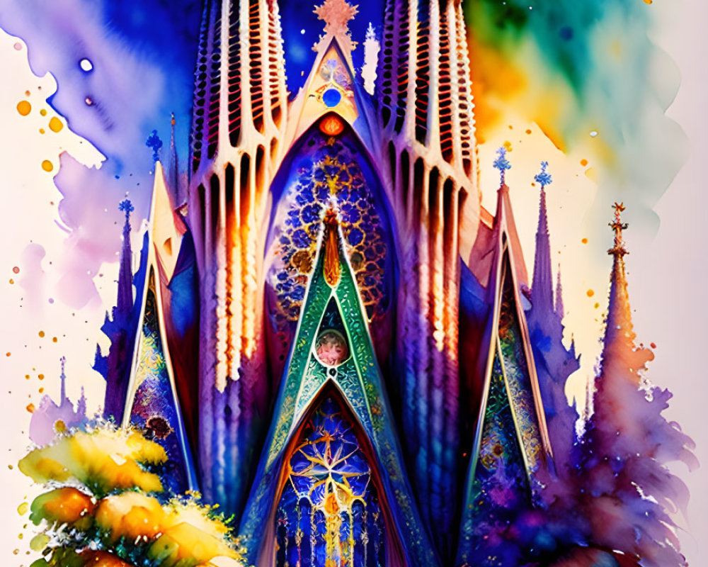 Colorful Watercolor Illustration of Gothic Cathedral Against Cosmic Background