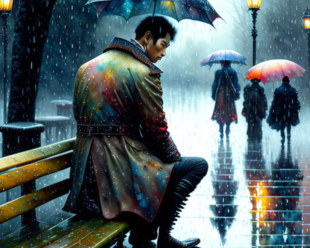 Lonely figure under umbrella on bench in rainy night with colorful lights reflecting.