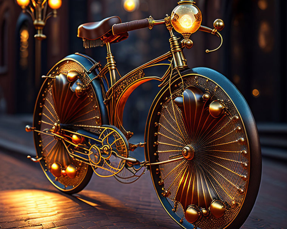 Steampunk-style bicycle with intricate gears on cobblestone street at dusk