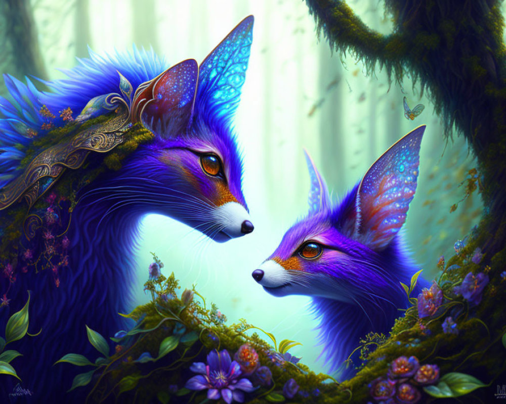 Vibrant blue mythical foxes in enchanted forest with intricate ear patterns