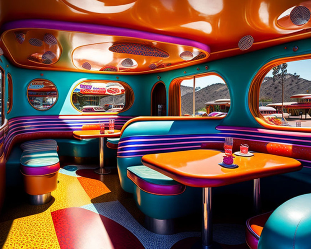 Colorful booth seating & chrome accents in retro-style diner interior