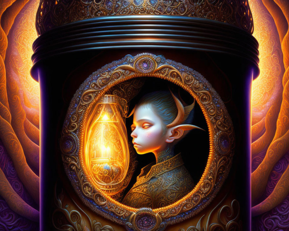 Fantastical image of child with elfin features holding lantern in baroque frame