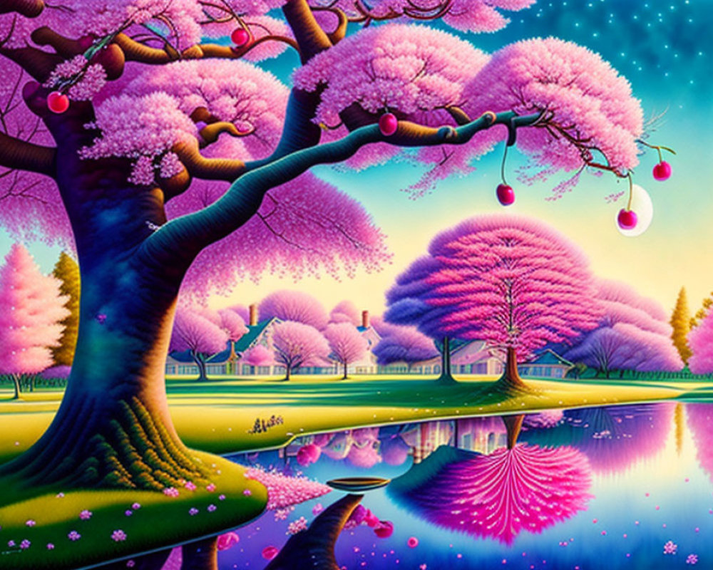 Surreal landscape with pink cherry blossom trees and whimsical cottages