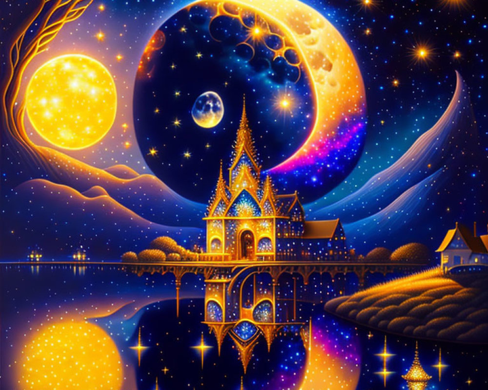 Glowing castle on lake with two moons in vibrant night sky