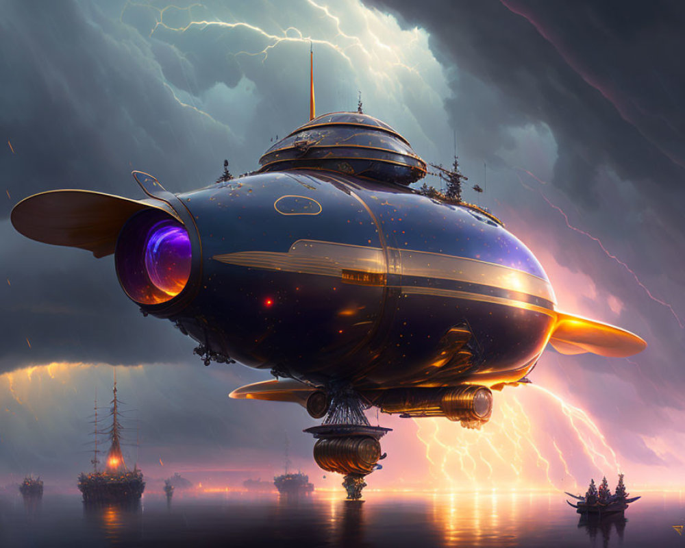 Fantastical airship over stormy sea with old sailing ships under purple sky
