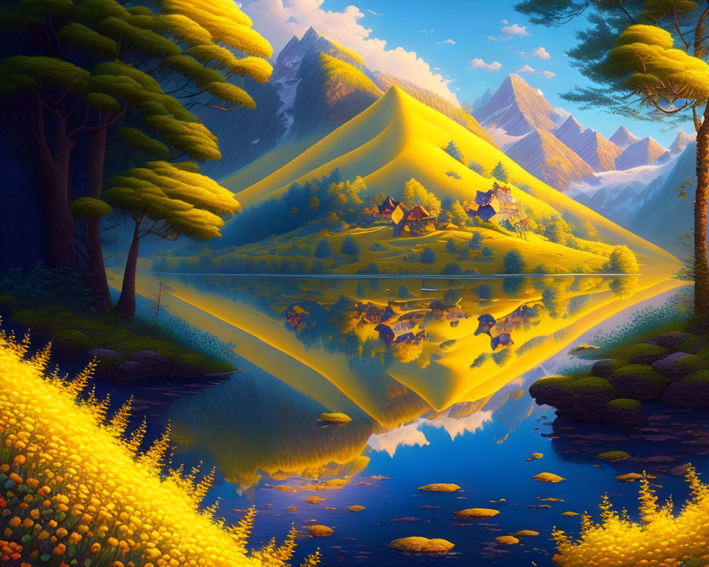 Vibrant yellow fields, reflective water, mountains, and trees in idyllic landscape