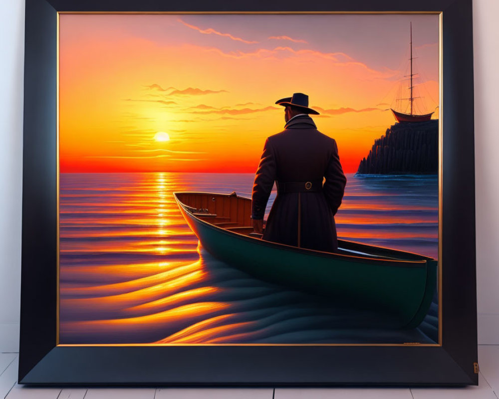 Scenic painting of person by canoe at sunset