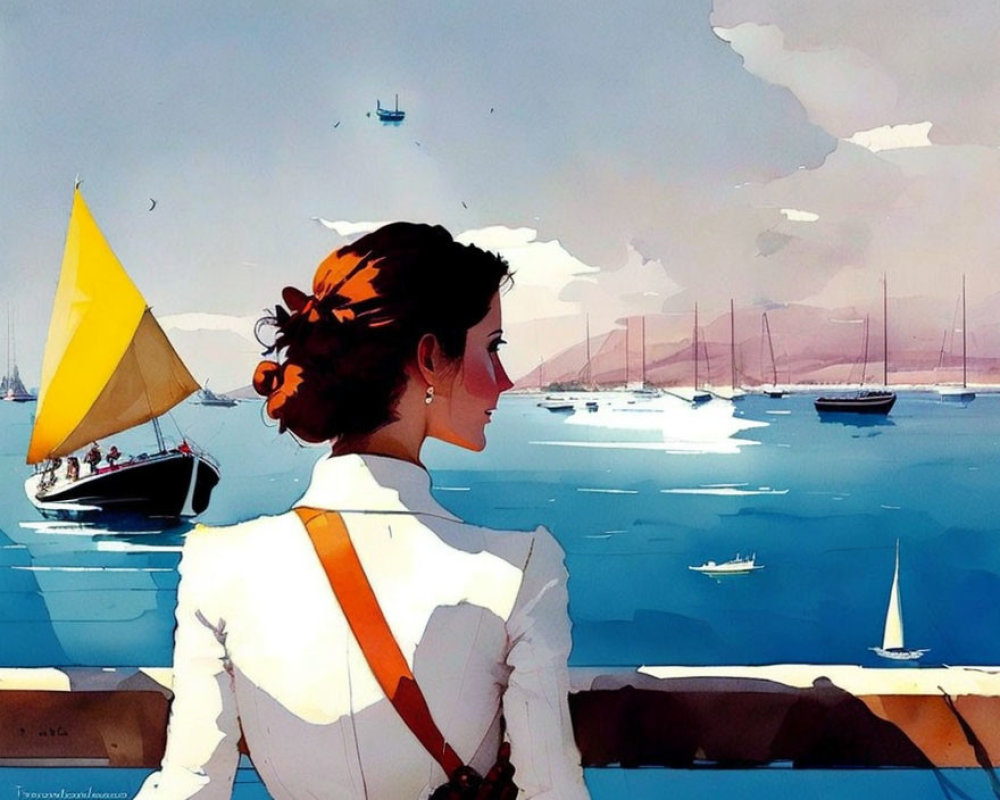 Colorful animated artwork of woman admiring sailboats in serene harbor
