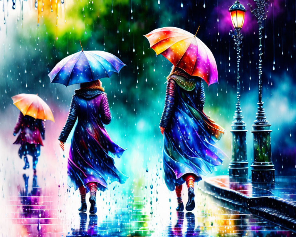 Colorful umbrellas on rainy street with lamppost & vibrant reflections