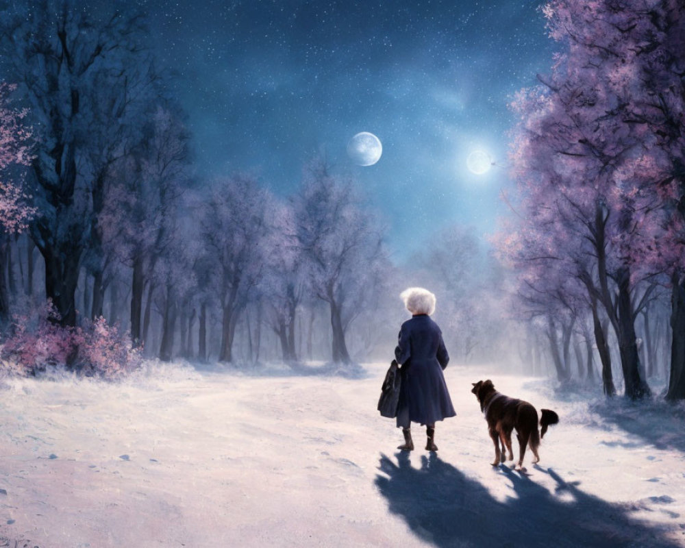 Person and dog under starry sky with two moons among blossoming trees