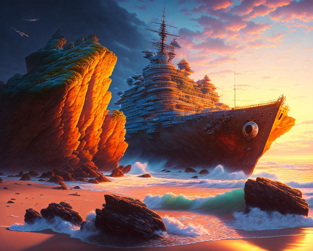 Beached battleship under orange and purple sunset skies