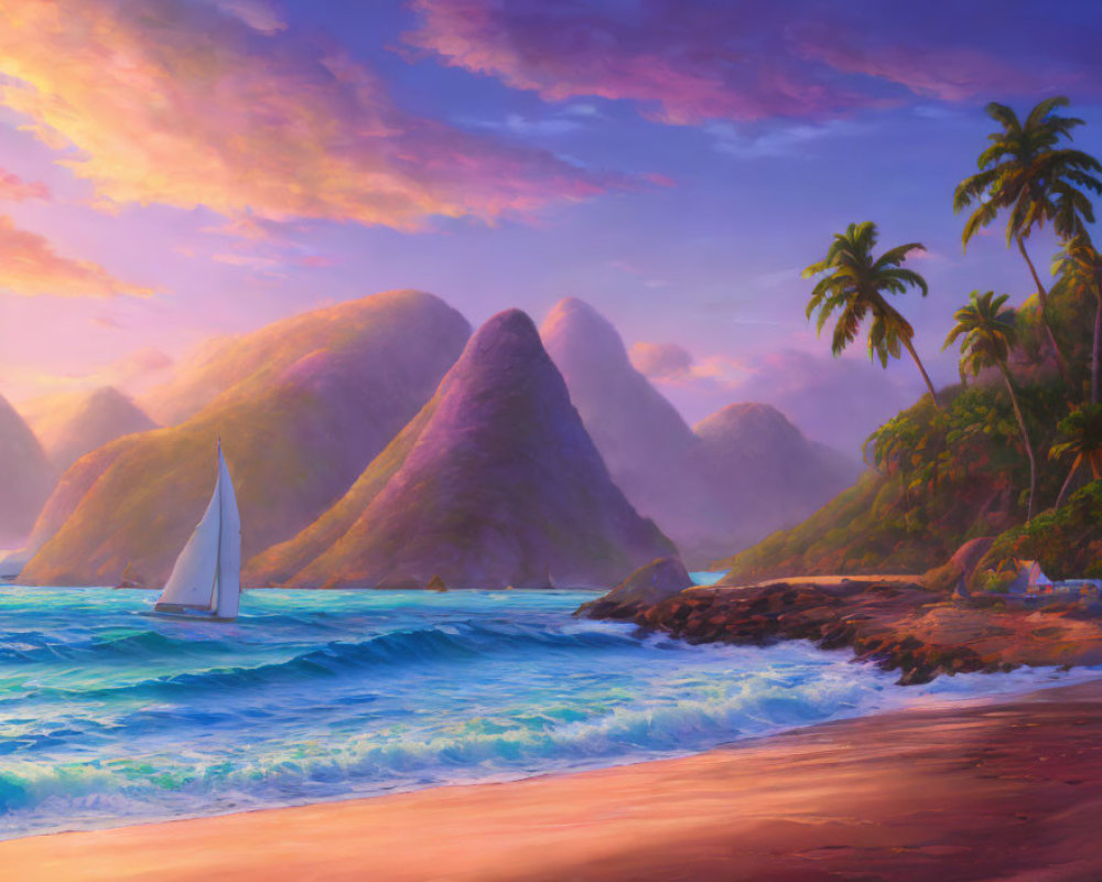 Tranquil tropical seascape at sunset with sailboat, islands, and palm trees