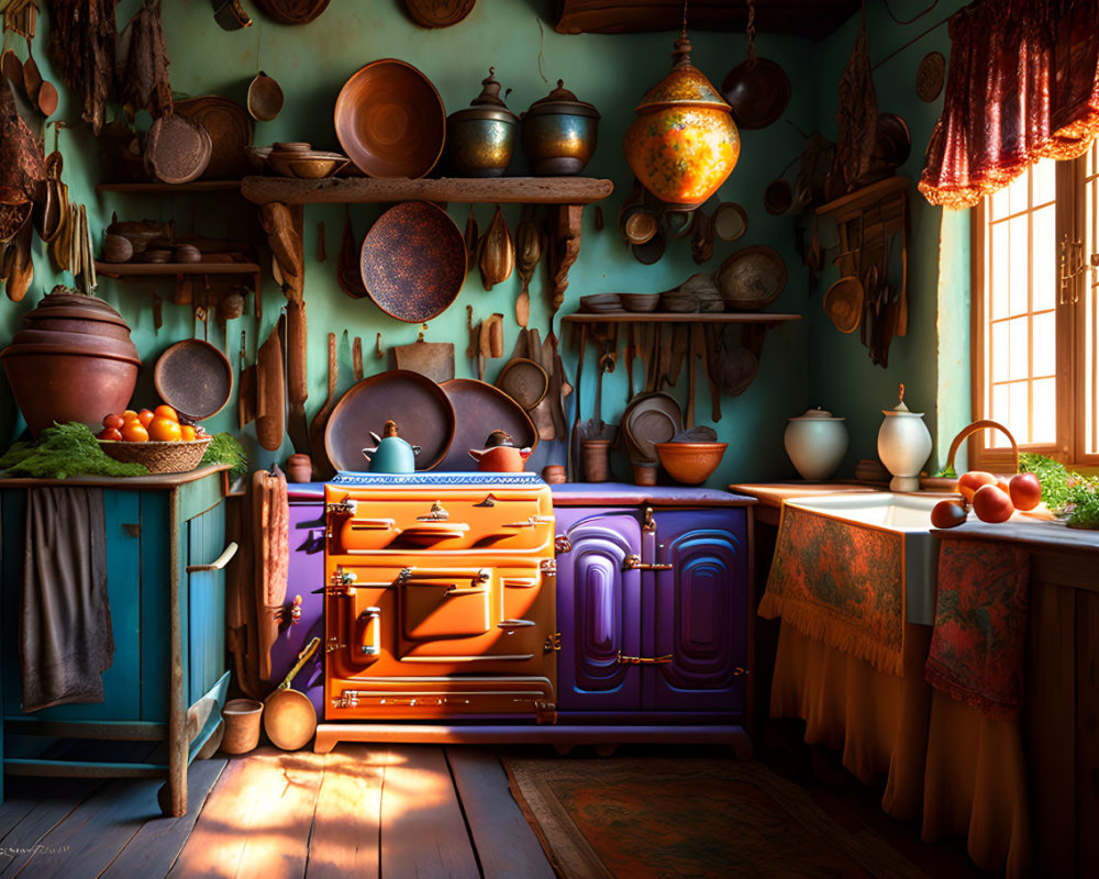 Vintage Kitchen with Orange Stove and Copper Cookware