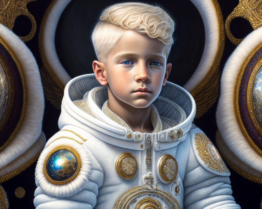 Young boy in platinum blonde hair in ornate white space suit