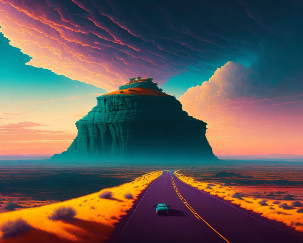 Vehicle drives towards large mesa under dramatic sunset sky