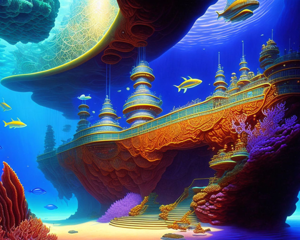 Vibrant undersea city with towering structures and schools of fish