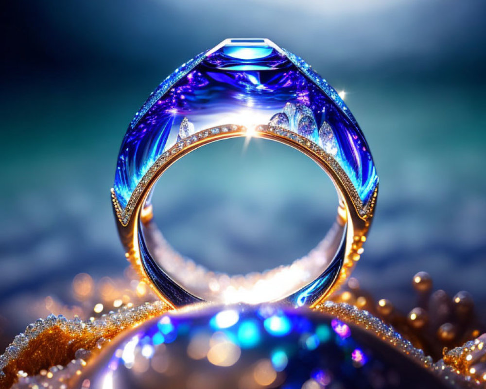 Blue Gemstone Ring on Reflective Gold Band with Bokeh Light Background