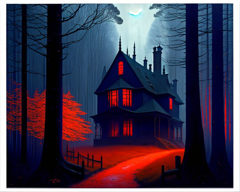 Victorian house with warm lights in dark blue forest at night