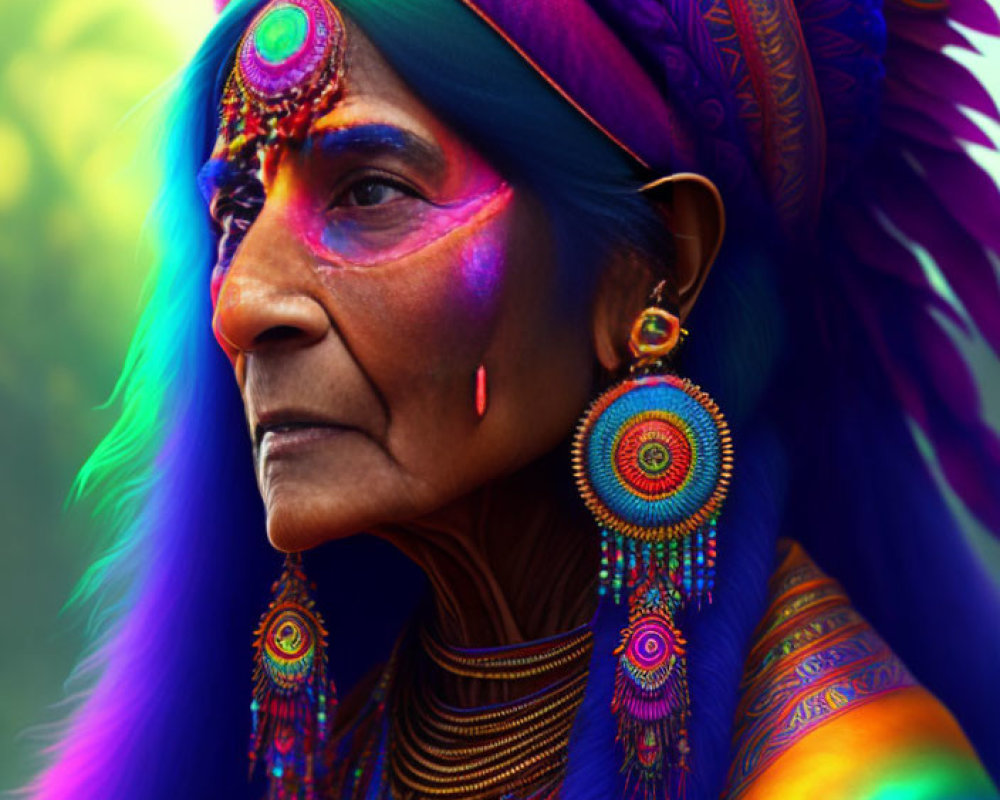 Colorful Portrait of Elderly Woman in Indigenous Attire